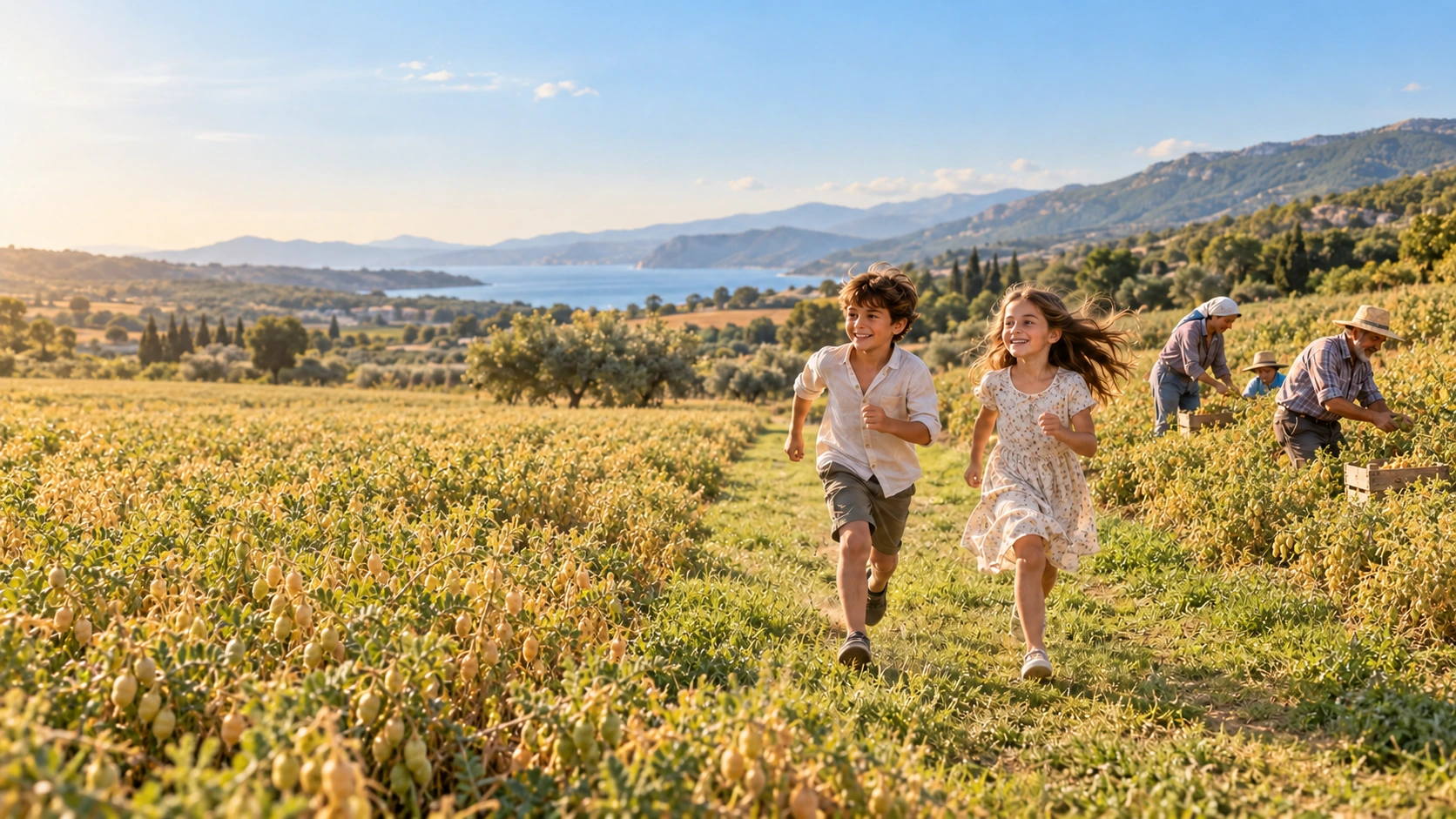 Children running along a chickpea field path and adults harvesting pulses; representative countryside photograph