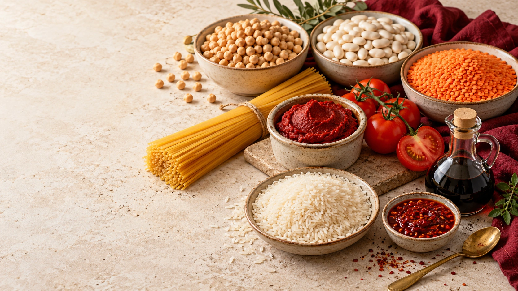 Representative product scene with chickpeas, beans, lentils, pasta, paste, rice and sauces