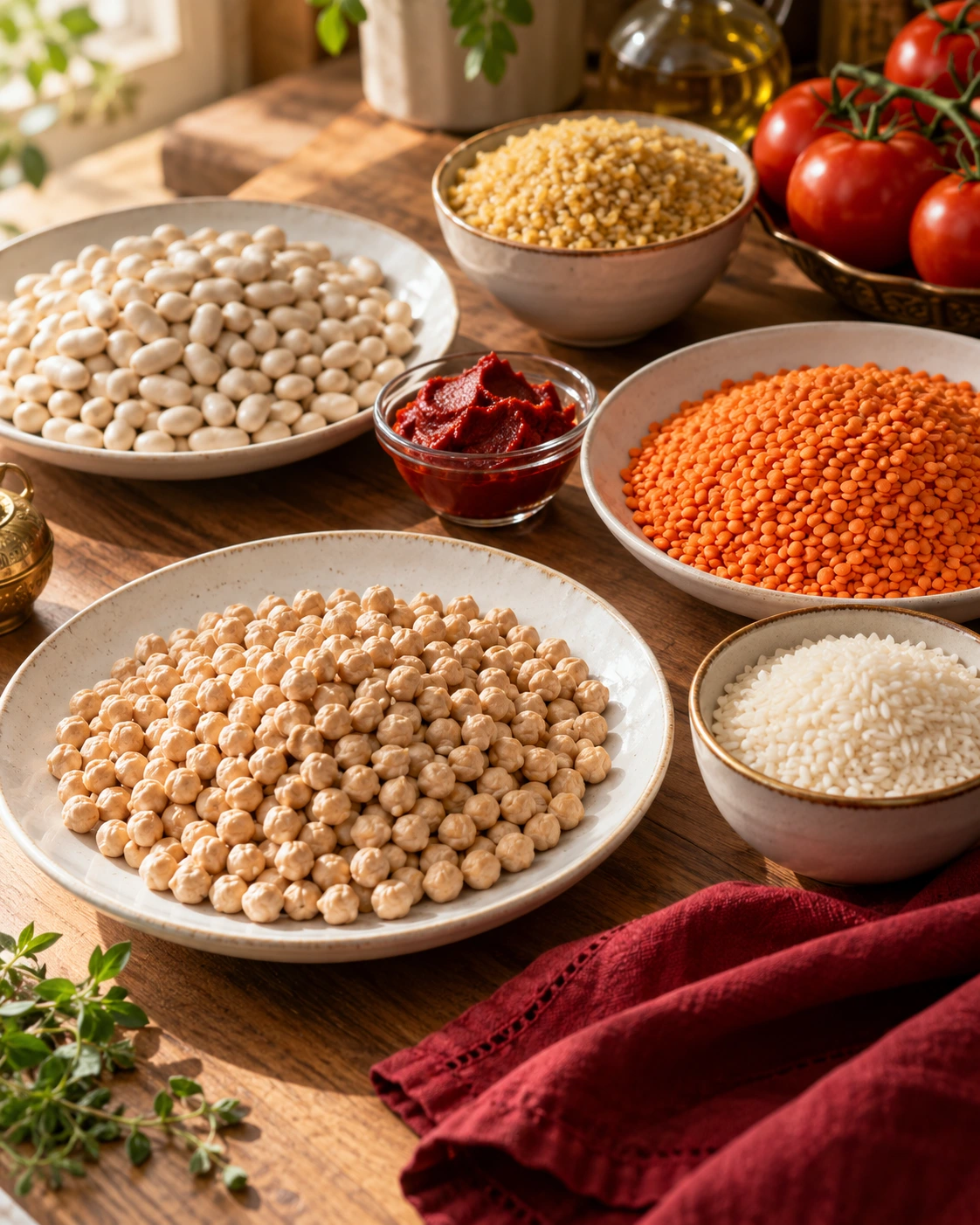 Representative kitchen scene with chickpeas, beans and lentils on white plates, alongside grains and paste