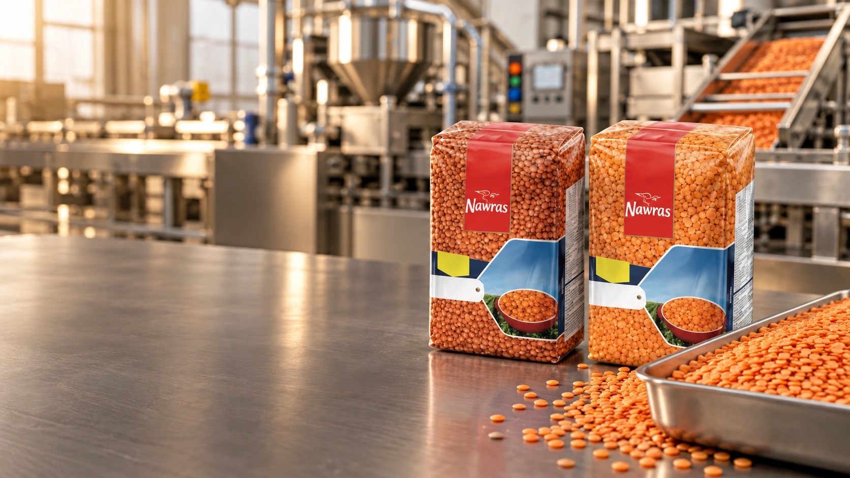 Nawras lentil packs and red lentils by a processing line; representative production scene