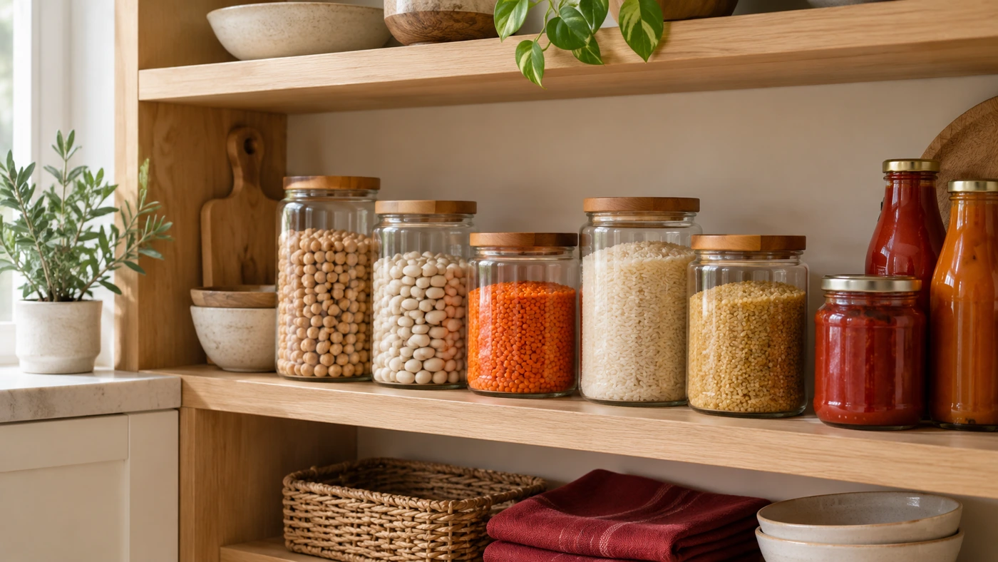 Pulses, rice and bulgur in closed glass jars; representative organised pantry photograph